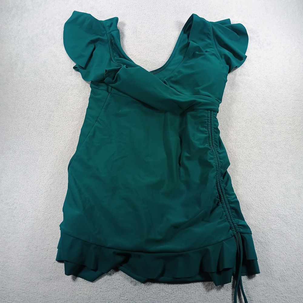 B Women Swim Dress Teal Large Ruffle Sleeve Ruched Side Swimsuit